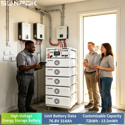 Paket Sistem Penyimpanan Energi Lithium Ion Komersial Industri Sunpok 314AH 76.8V 24KWH Tegangan Tinggi Perlindungan IP54